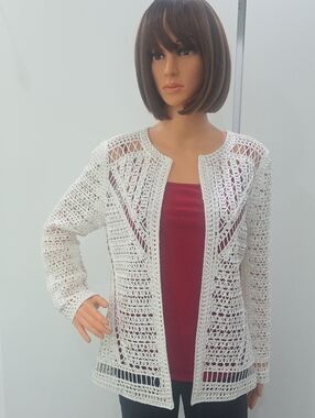 Just B White Crochet Openwork Cardigan. Very Unique "Rope-Like" Fabric. Small.